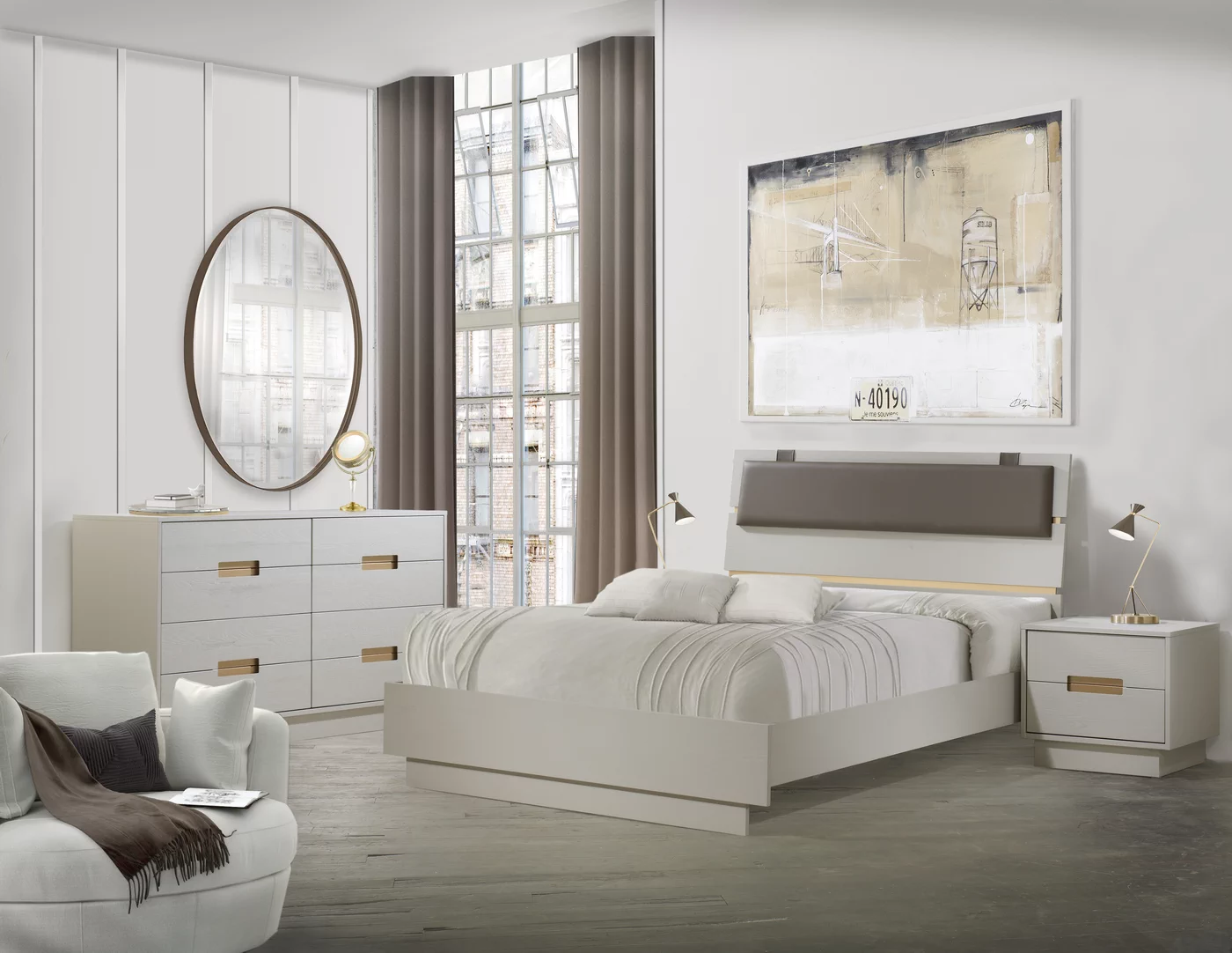 Como – Luxuriously Modern Style with Como Bed in Dove with Taupe Bonded Leather and Como King 8 drawer dresser in Dove and Como Nightstand in Dove