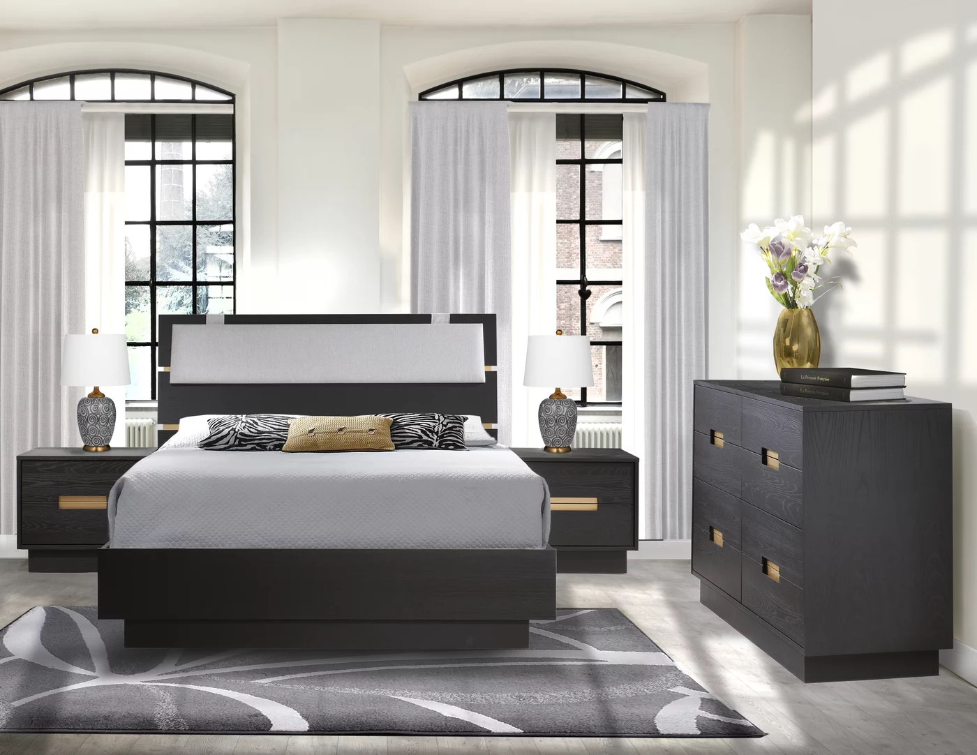 Como Bed in Dusk with Soft Grey Upholstered panel and King 8 Drawer dresser and Nightstand